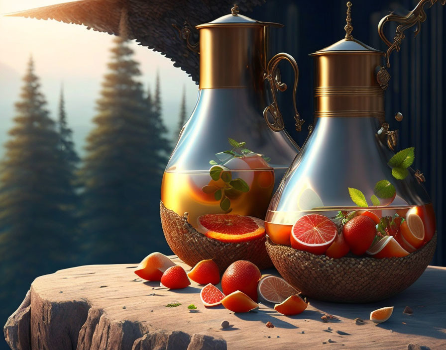 Ornate glass pitchers with citrus fruits and mint on cliff edge at dusk