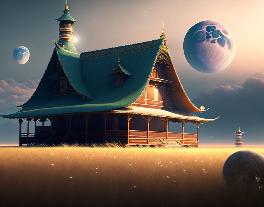 Ethereal artwork of traditional Asian-style house on grassy plain under twilight sky with massive moons