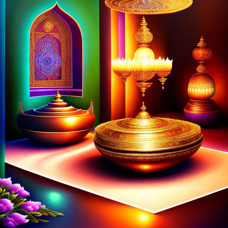 Colorful digital artwork: Golden lamps, vases, archway, purple flowers