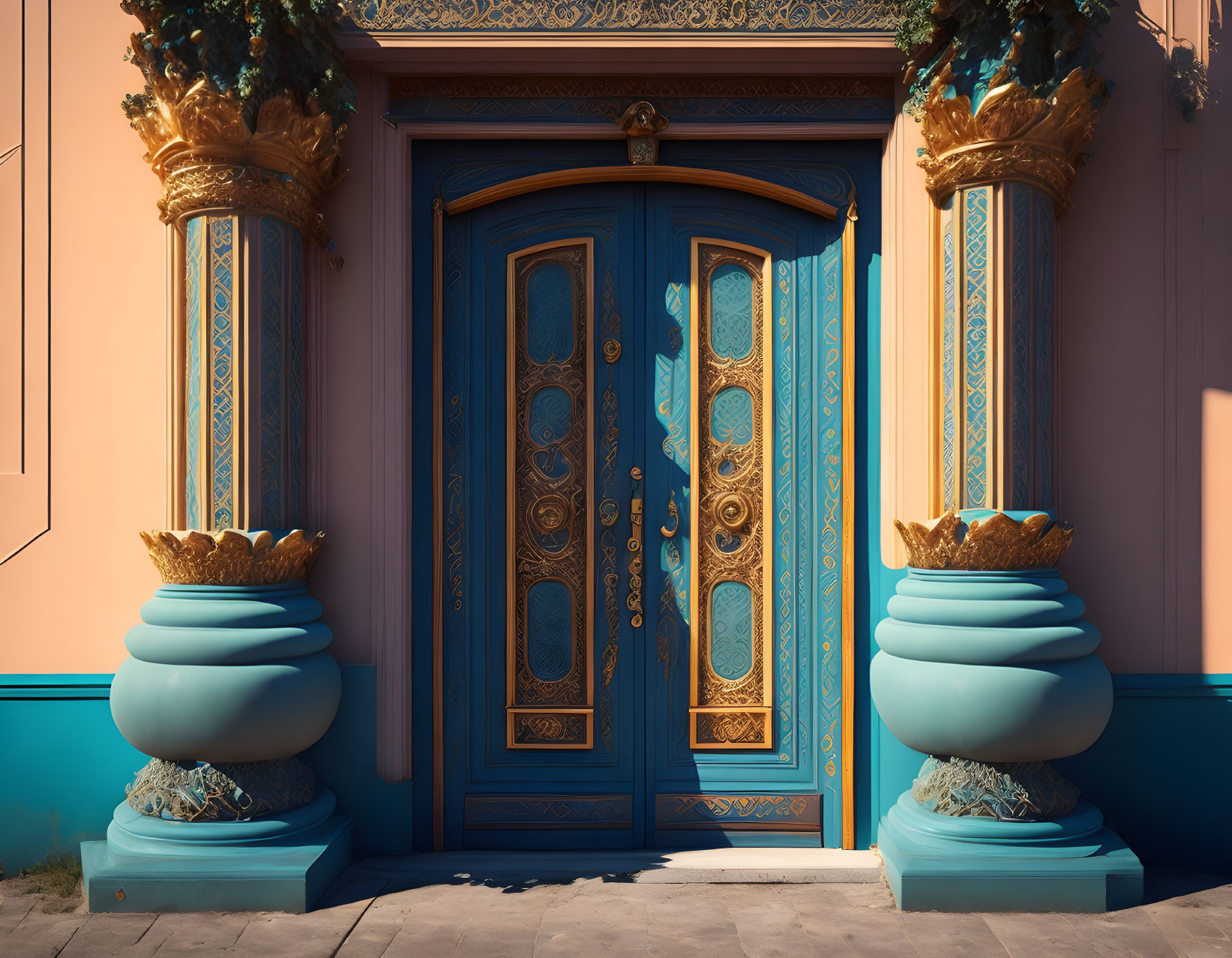 Intricate Blue Double Doors with Gold Designs and Blue Vases on Pink Wall