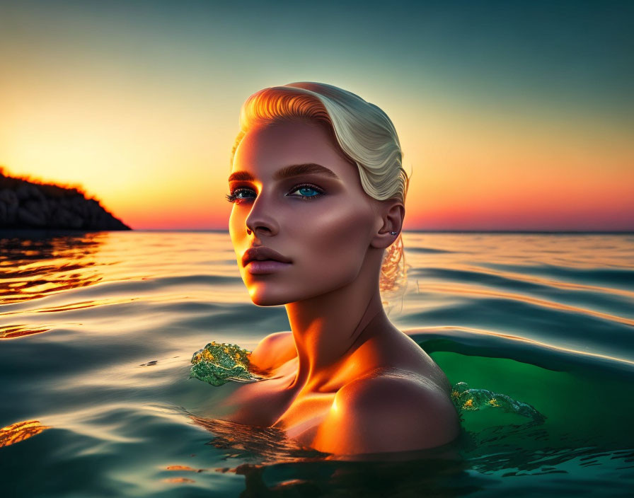 Blonde woman with blue eyes in water at sunset