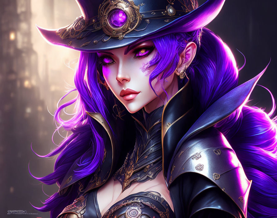 Fantasy character digital art: purple hair, eyes, decorated hat, intricate armor, purple accents