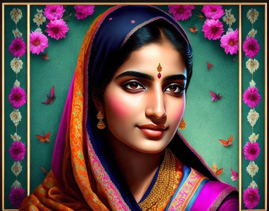 Digital painting of woman in traditional Indian attire with teal background.