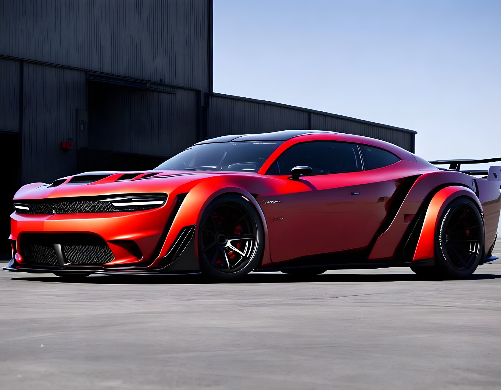 Red and Black Sports Car Parked in Front of Building on Sunny Day