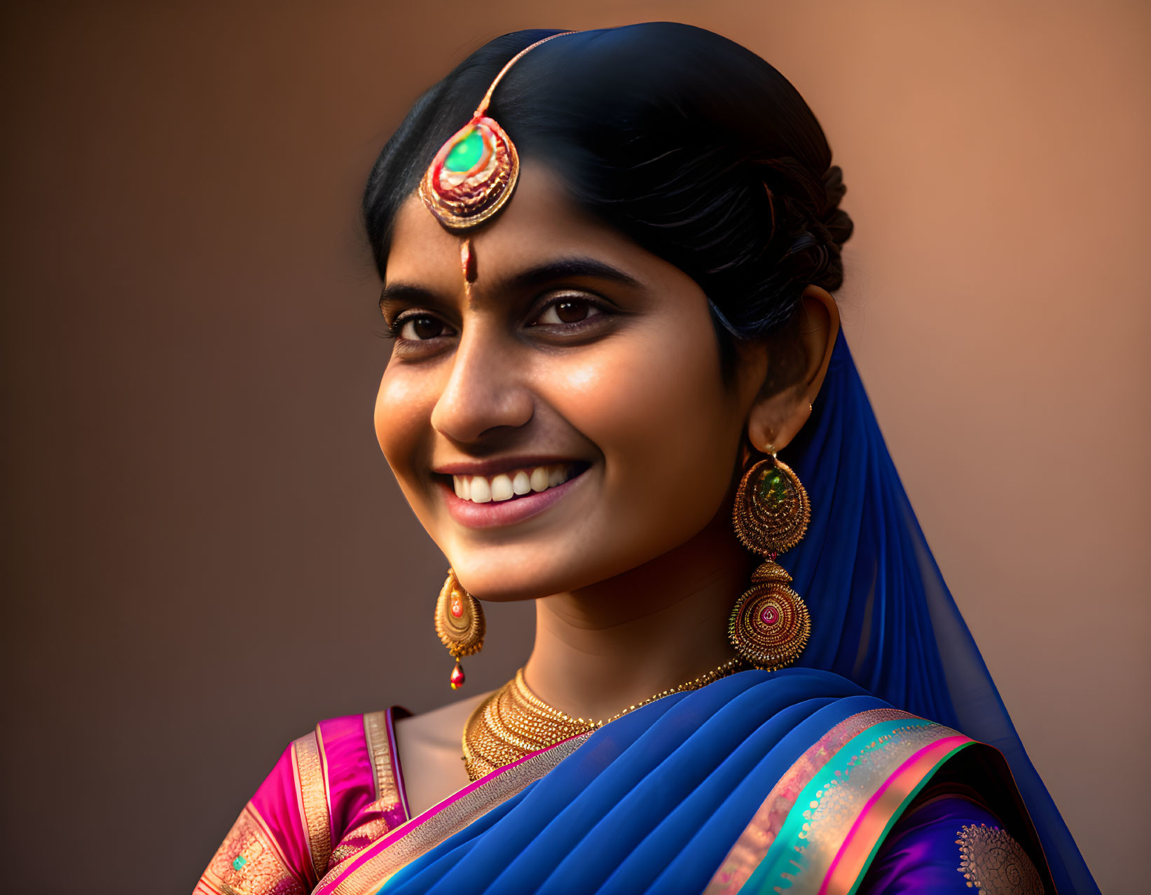 Traditional Indian Attire: Smiling Woman in Blue Sari