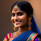 Traditional Indian Attire: Smiling Woman in Blue Sari