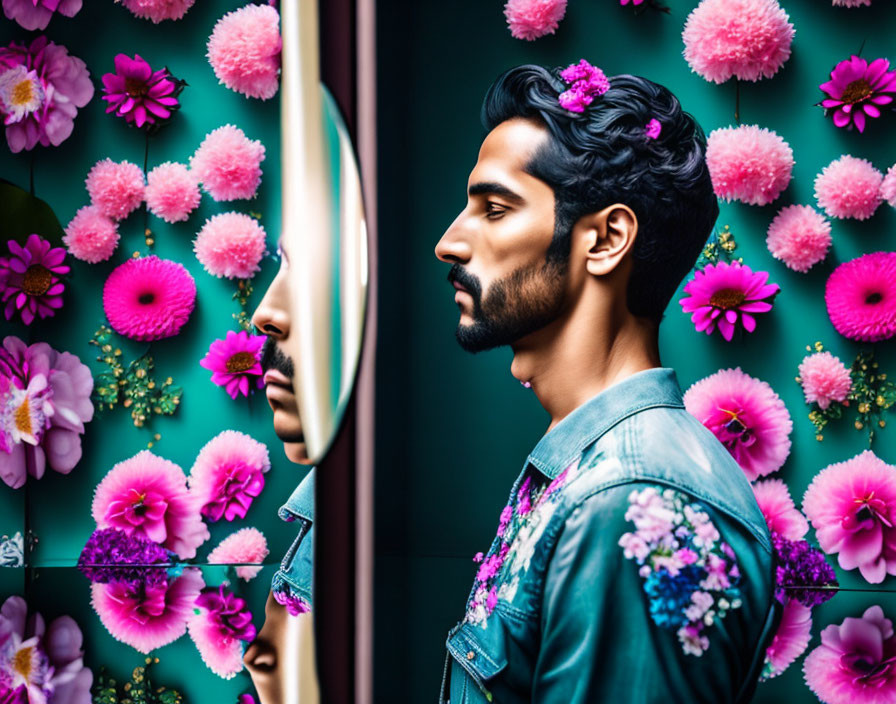 Bearded man in floral shirt gazes at mirror amidst pink flowers