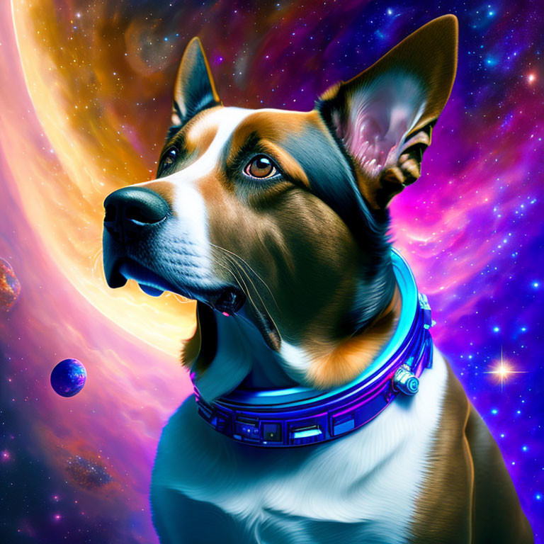 Colorful digital artwork: dog with futuristic collar in space-themed setting.