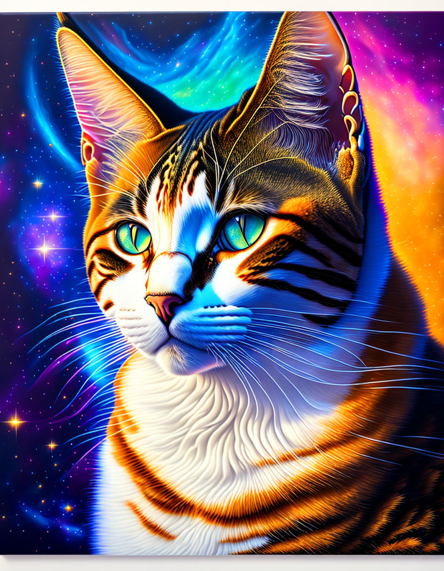 Colorful Cat Illustration with Cosmic Background and Blue Eyes