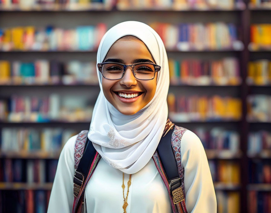 Smiling young woman in hijab with glasses at bookshelf