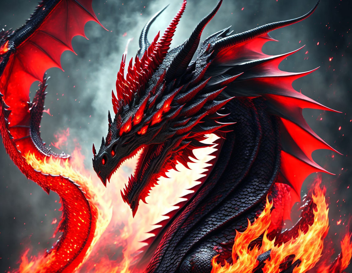 Red and Black Dragon with Spines and Wings Emerging from Flames