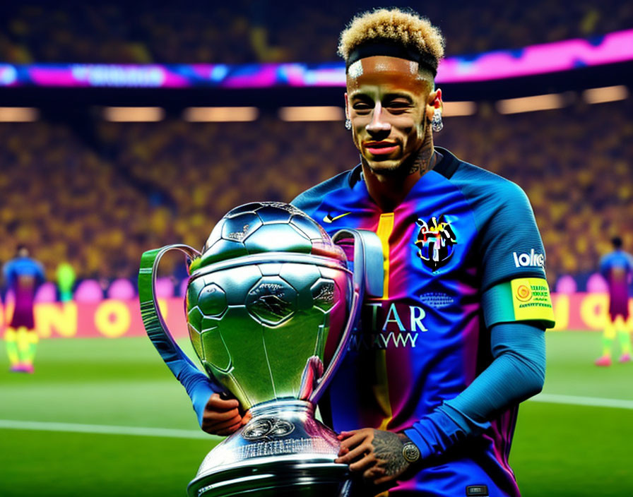 Smiling football player with trophy in purple and blue kit in yellow-lit stadium