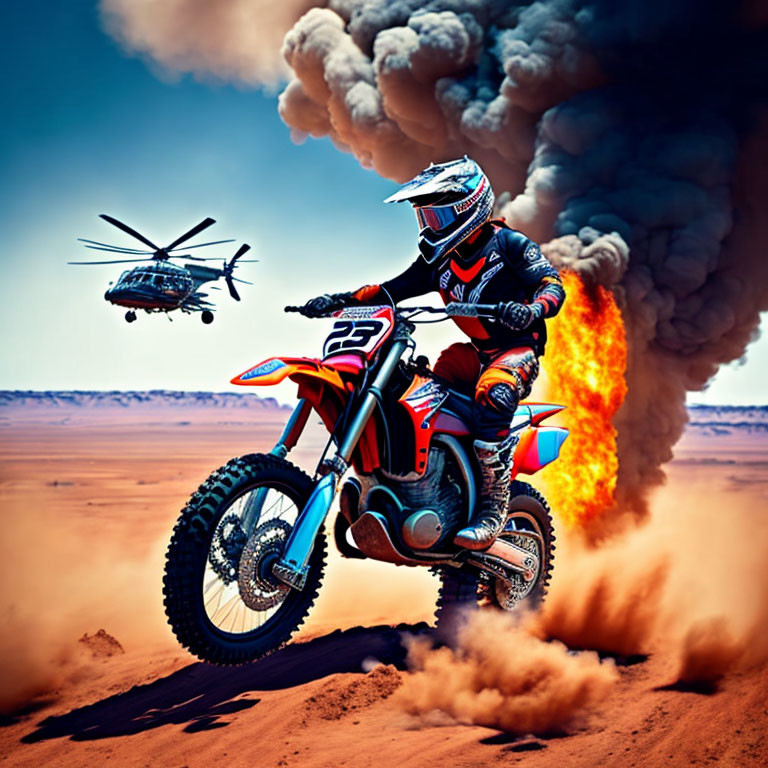 Motocross rider stunts with fiery explosion and helicopter in desert scene