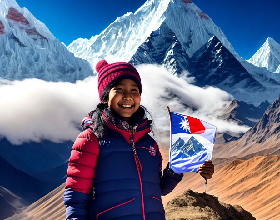 Child in winter attire holding Nepali flag with snowy mountains background