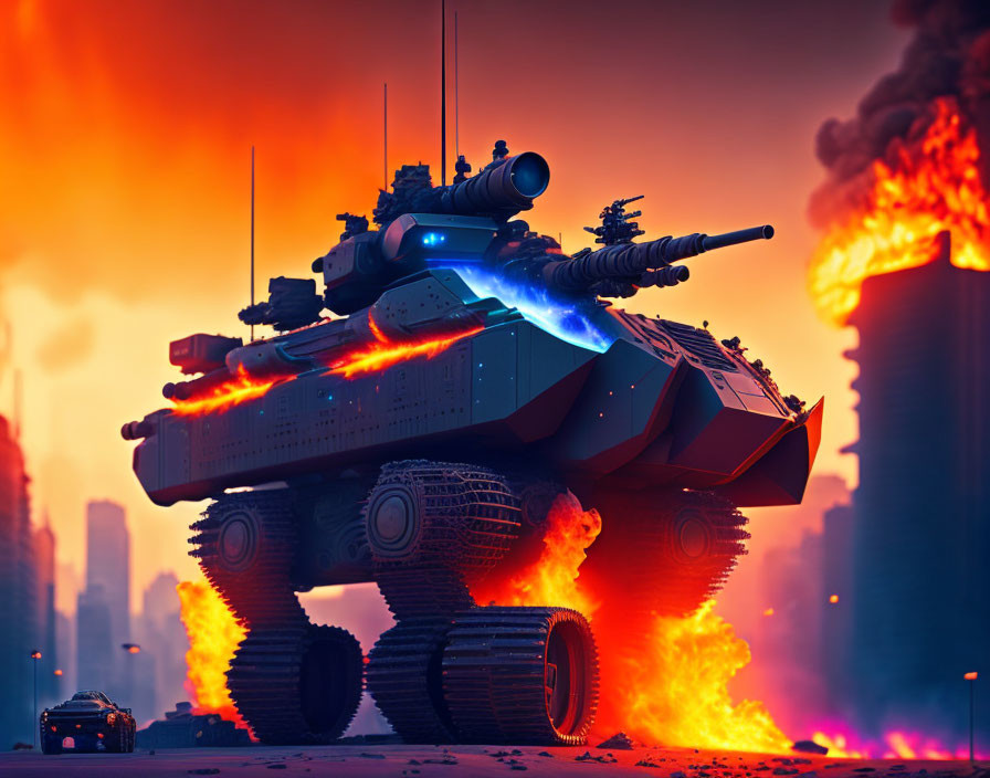 Futuristic tank with massive wheels fires blue energy weapon in exploding cityscape