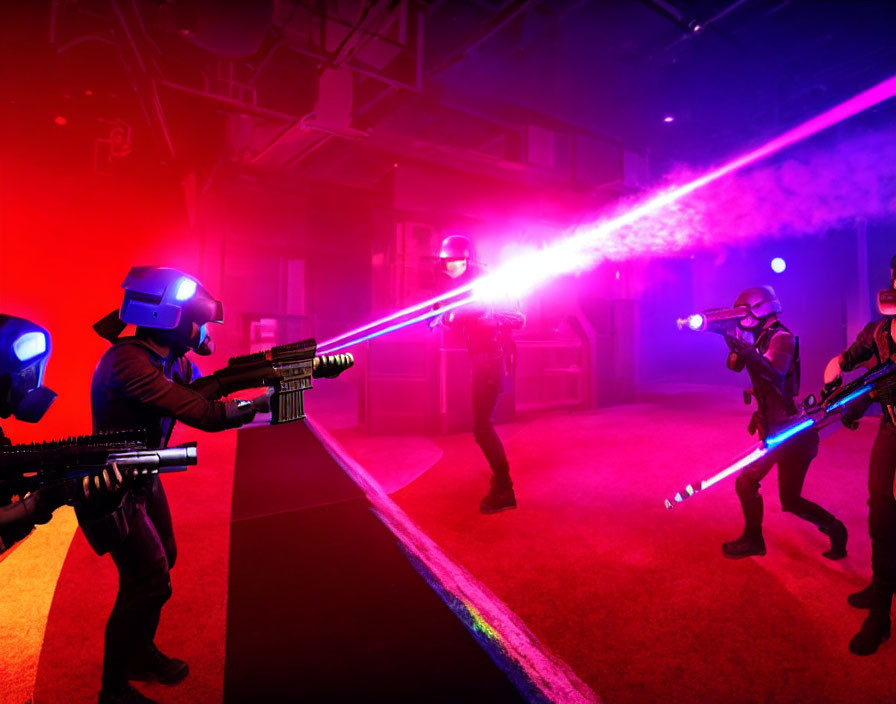 Players in dimly lit laser tag arena with colored lights & fog.