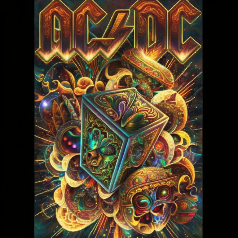 Colorful Psychedelic Artwork with AC/DC Logo and Luminous Cube