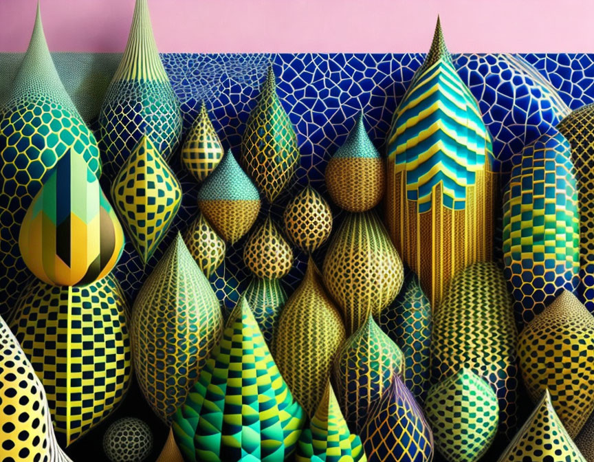 Colorful 3D Cones and Shapes on Tiled Background with Pink and Teal Gradient