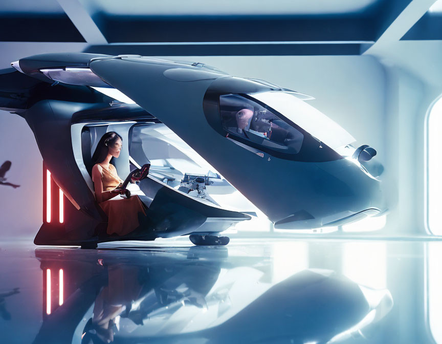 Futuristic helicopter-like vehicle with blue lights and two occupants in high-tech hangar