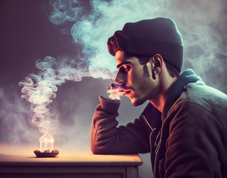 Young man in beanie exhales smoke next to candle in dramatic lighting