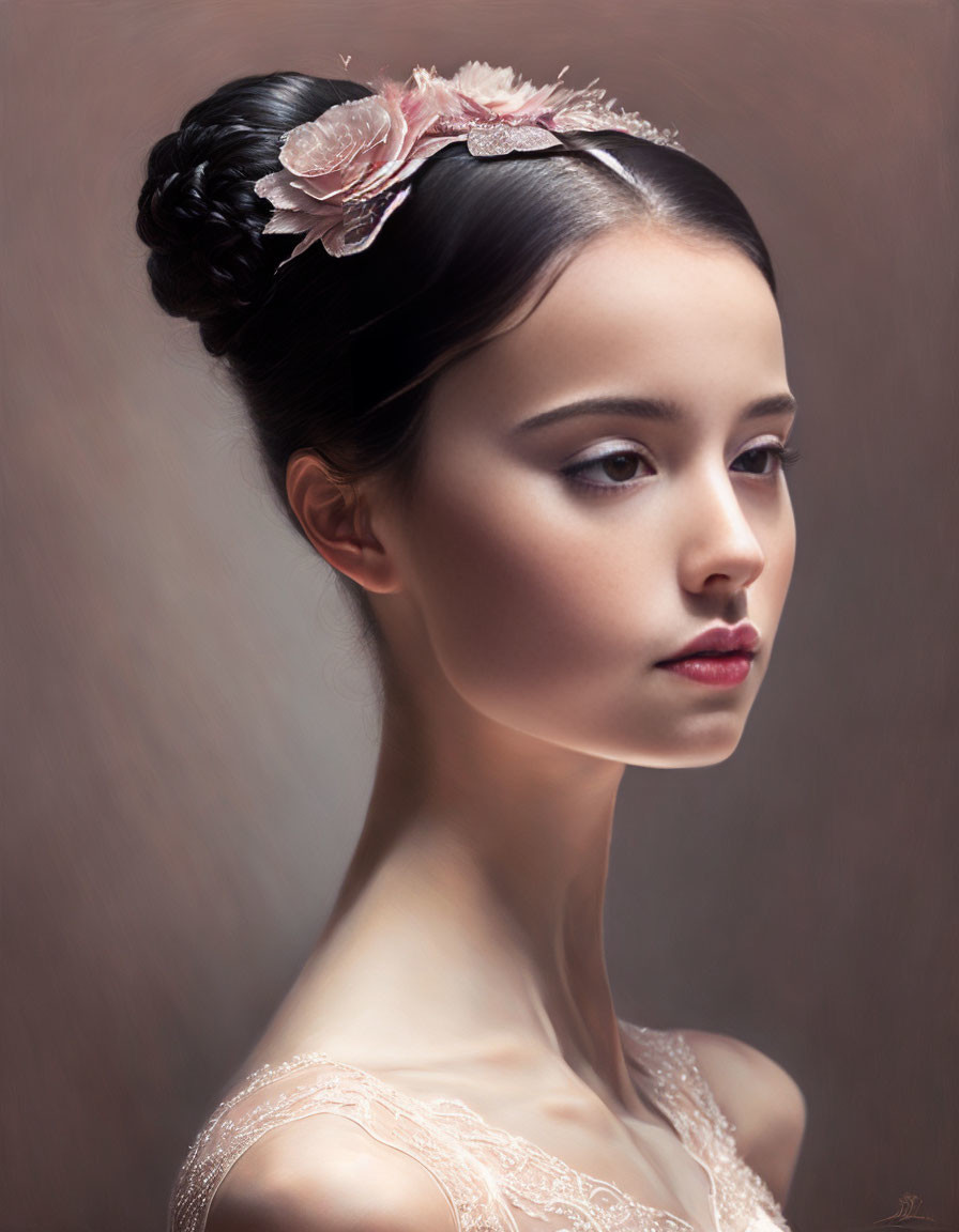 Portrait of young woman with braided updo and pink floral hair accessory.