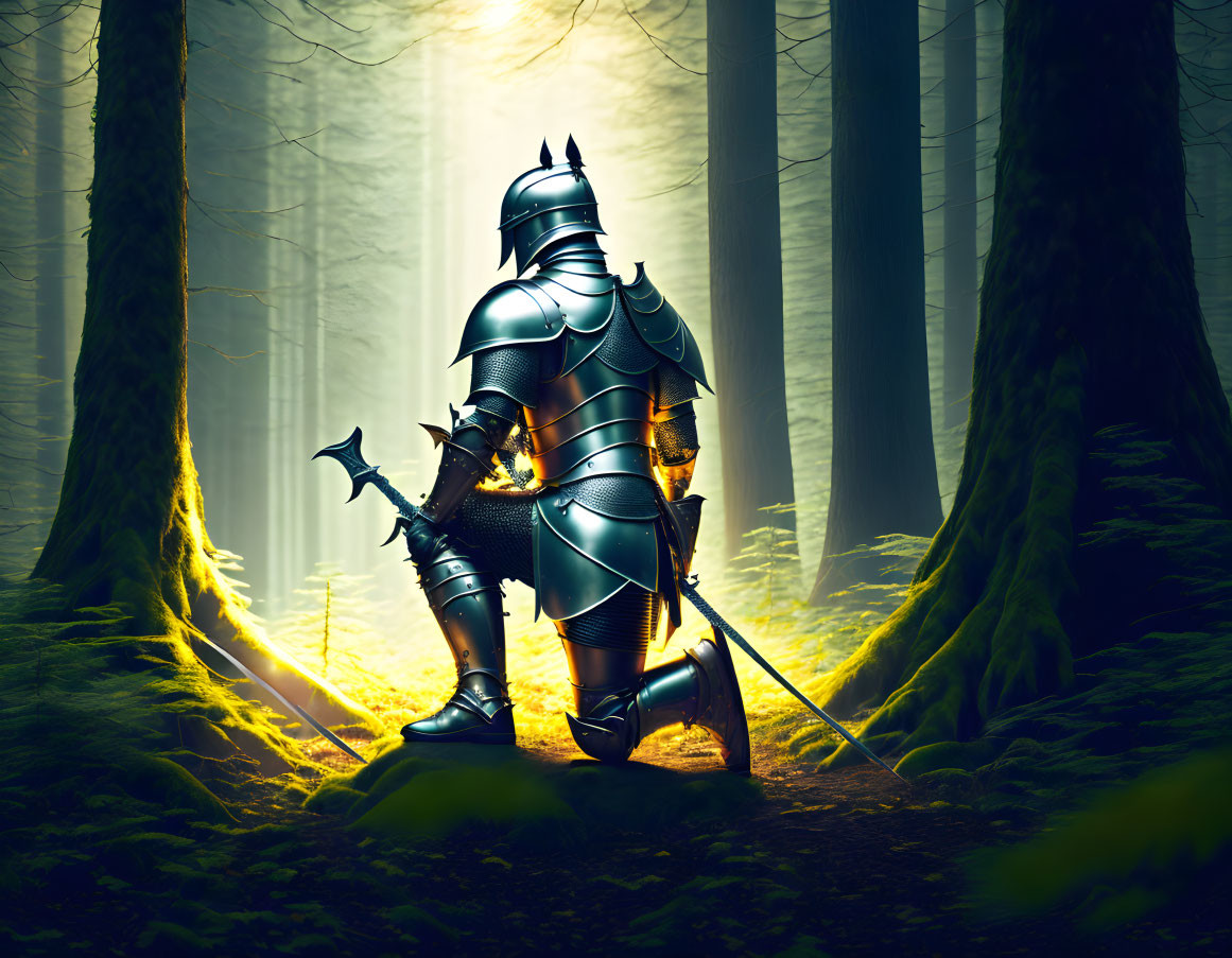 Shining armor knight in mystical forest with sword.