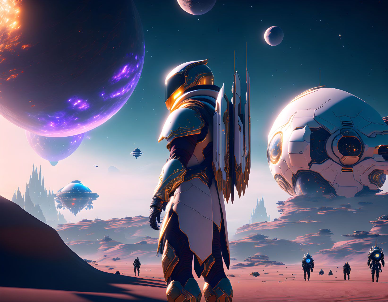 Futuristic astronaut with shield explores alien landscape