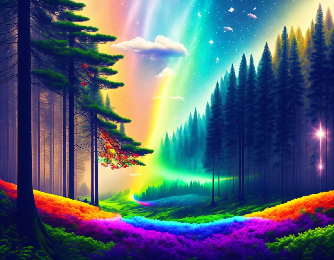 Colorful fantasy landscape with rainbow, flowering fields, starry sky, aurora, and pine trees