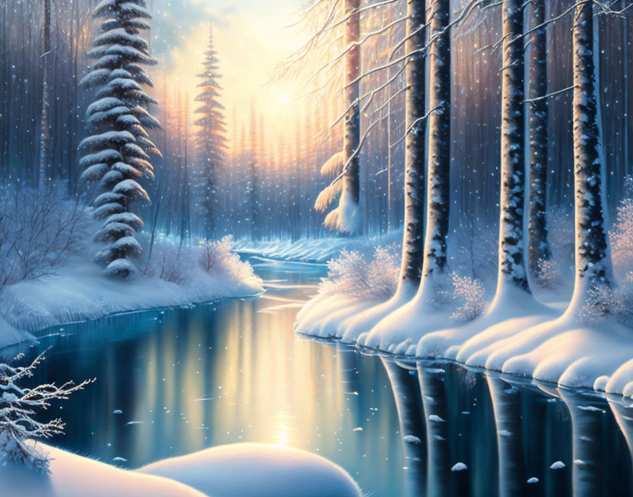 Snow-covered trees and gentle river in serene winter landscape