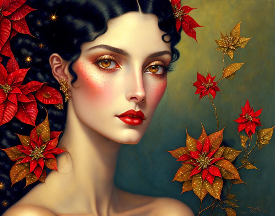 Woman with Amber Eyes Surrounded by Red Poinsettias