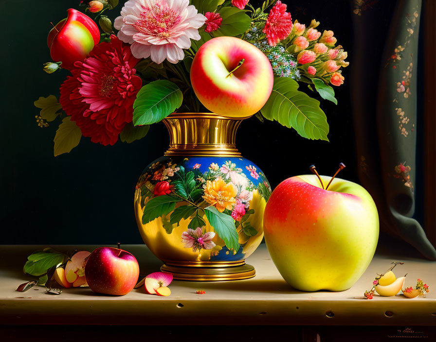 Vibrant apples and mixed flowers in golden vase on dark background