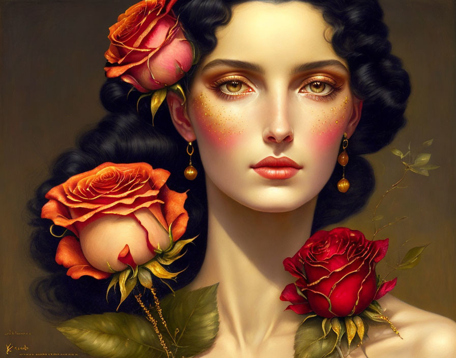 Portrait of a Woman with Dark Curly Hair and Rose Adornments