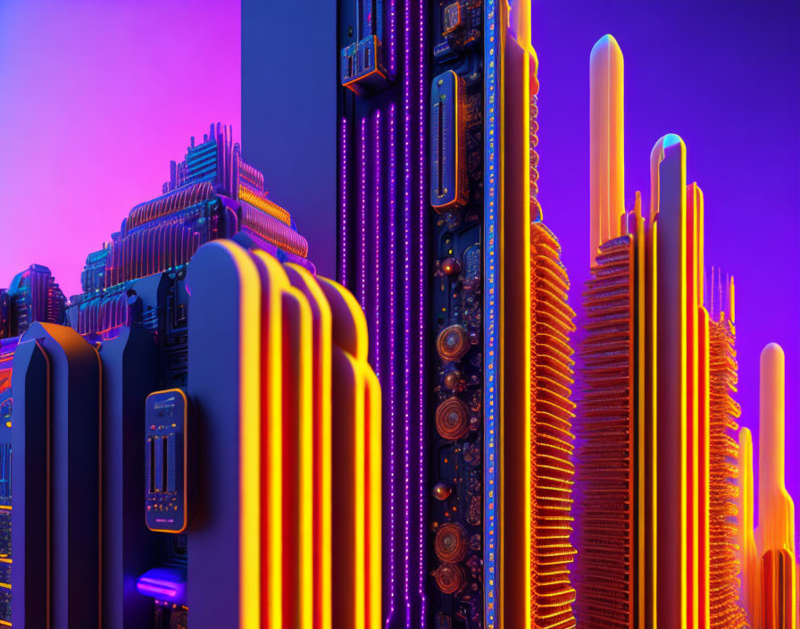 Neon-lit cityscape with high-rise buildings in computer circuitry theme