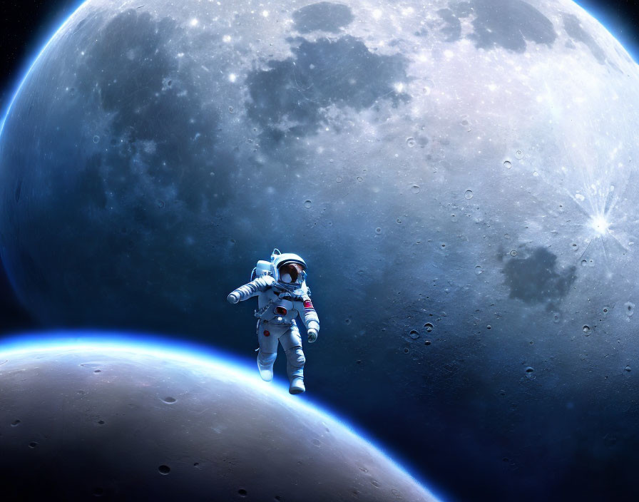 Astronaut floating in space with Earth and moon in the background