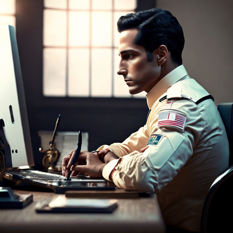 Person in white uniform with U.S. flag patches typing on computer keyboard in dimly lit office