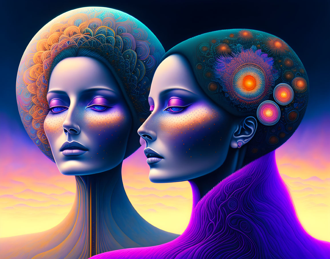 Stylized side-profile portraits of women with ornate scalp patterns on sunset background