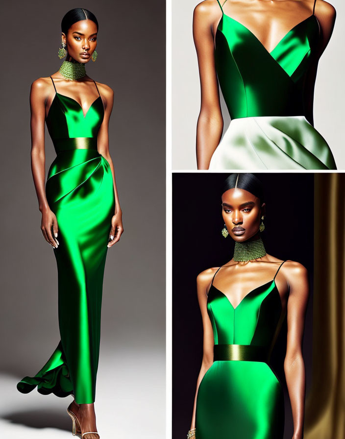 Elegant woman in green and black evening gown with statement accessories