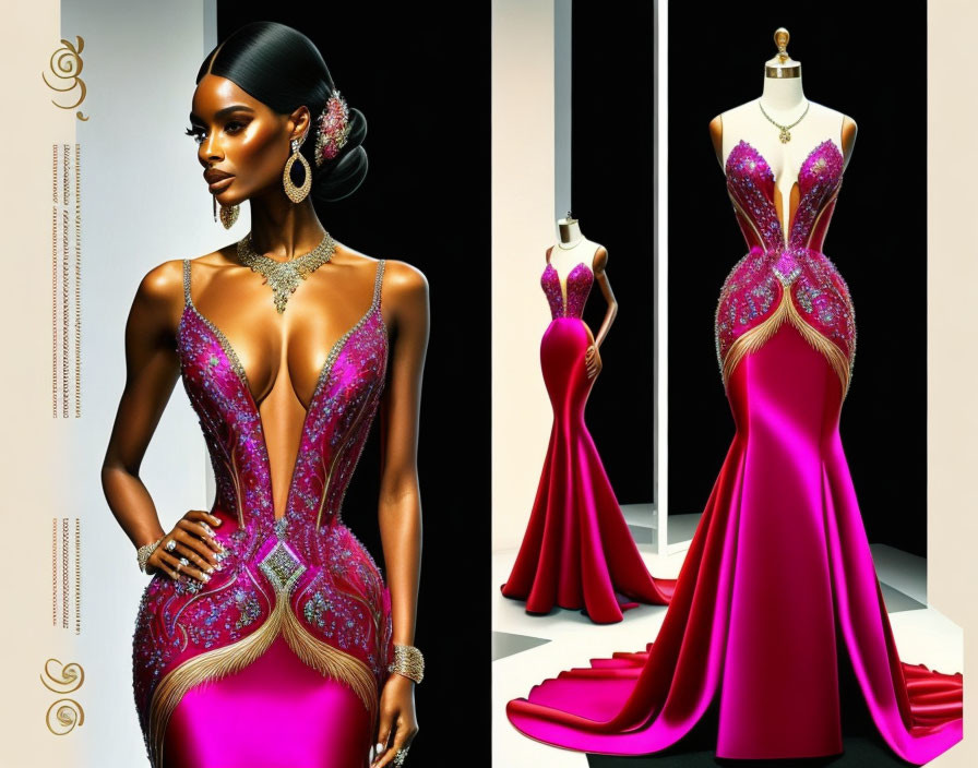 Digital artwork of woman in pink and gold gown beside mannequin.