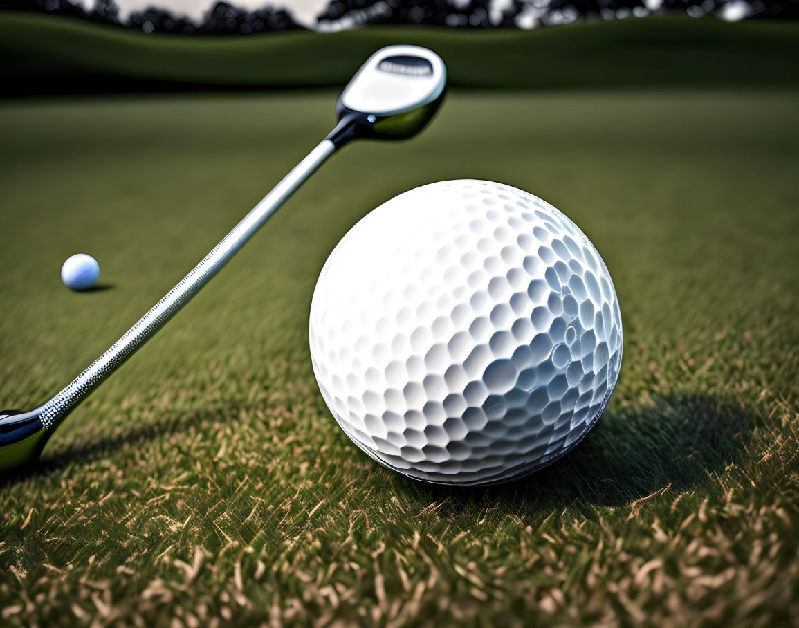 Golf ball and club head on green course close-up