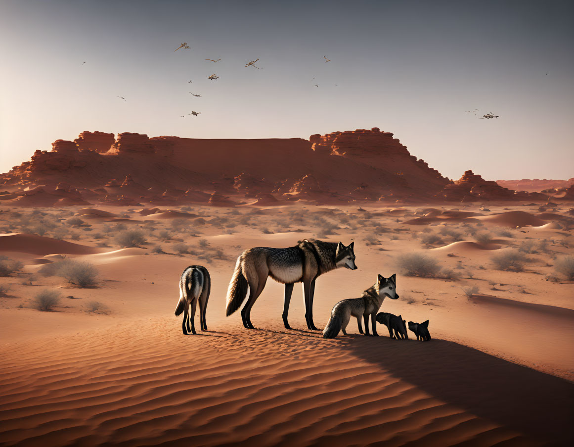 Family of Wolves on Desert Dune with Rock Formations and Birds