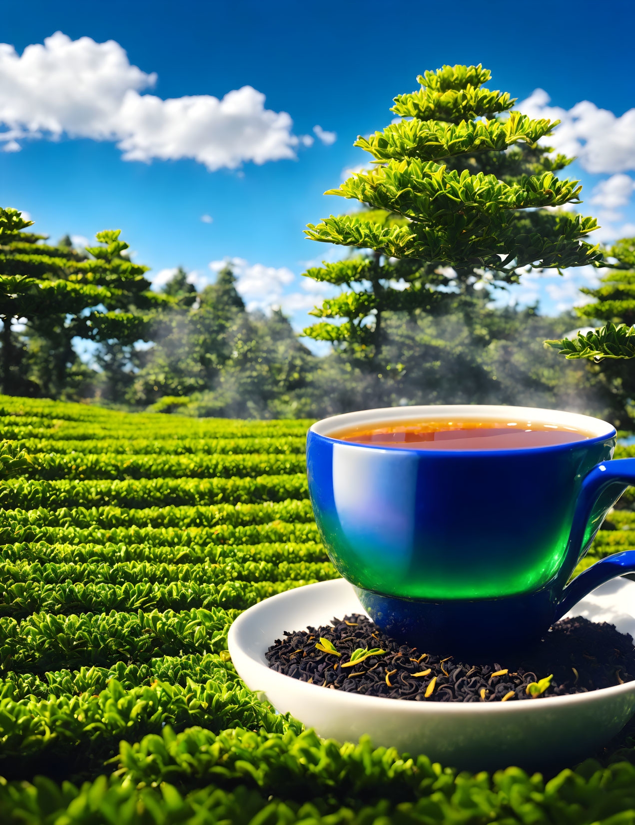 Blue Cup of Tea on Lush Green Tea Plantation Under Blue Sky