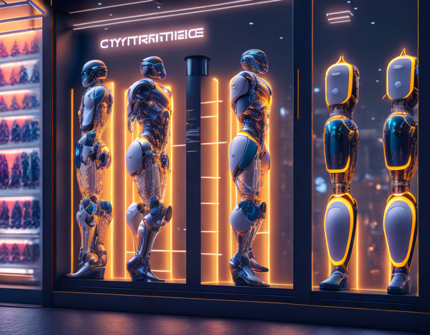 Futuristic robotic suits showcased in high-tech storefront