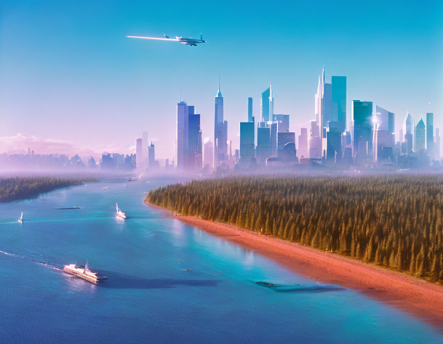 Futuristic cityscape with plane, river, forest, and skyscrapers