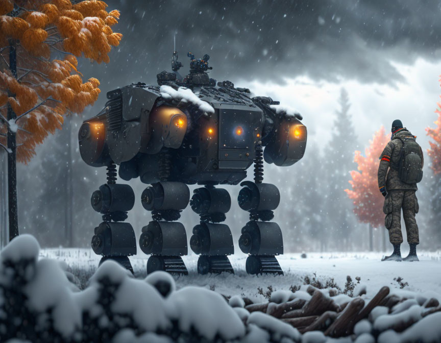 Soldier in winter gear confronts six-legged armored vehicle in snowy landscape