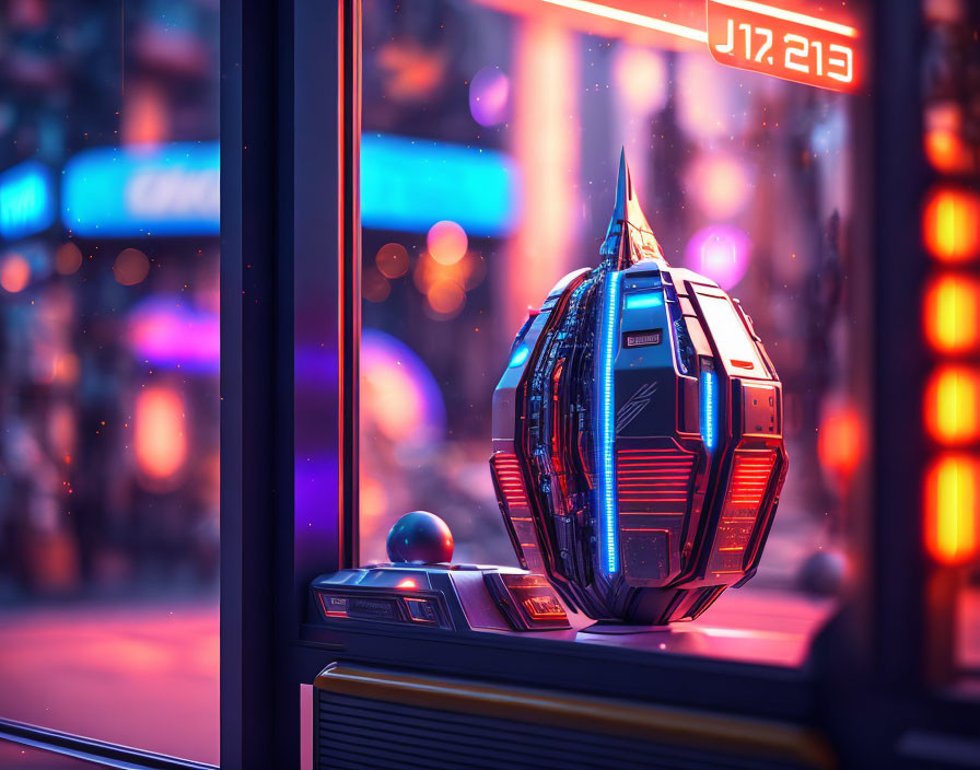 Futuristic helmet with neon lights in cityscape window view