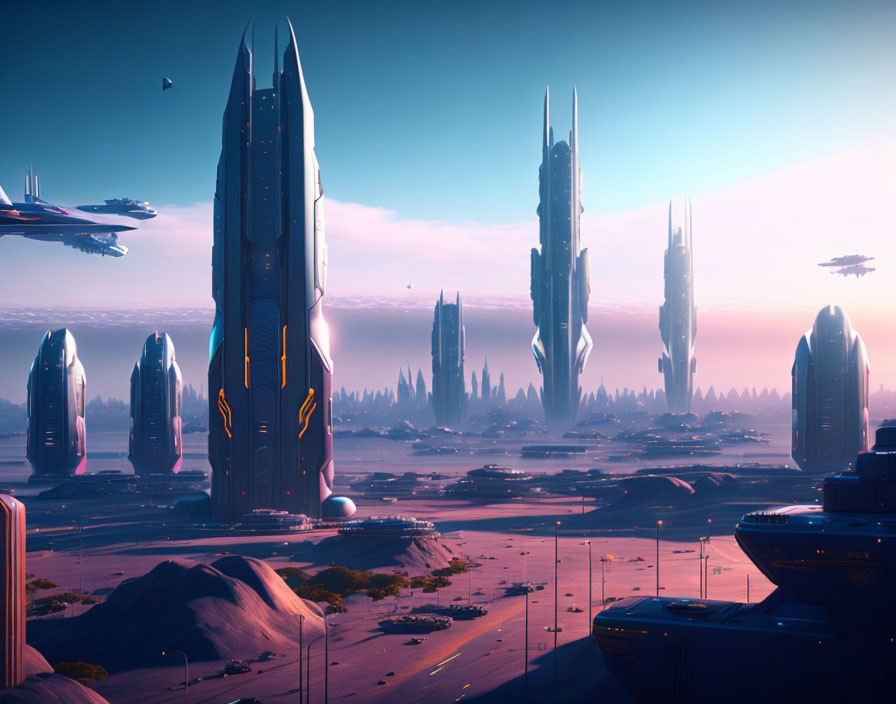 Futuristic cityscape with skyscrapers and flying vehicles at dawn or dusk