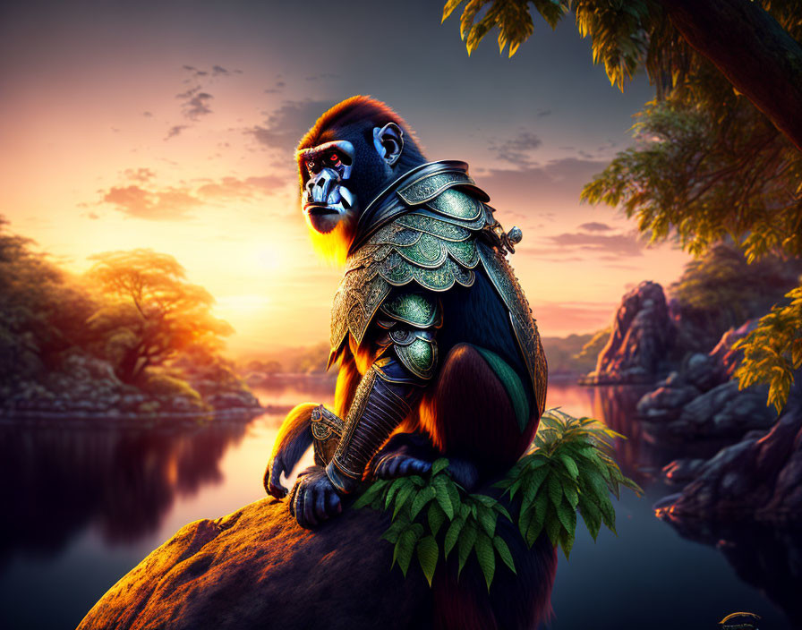 Armored mandrill in fantasy landscape at sunset