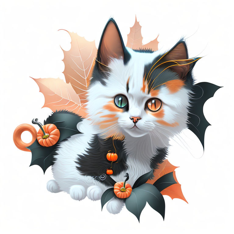 White and Black Kitten with Green Eyes Among Autumn Leaves, Pumpkins, and Bat Wings