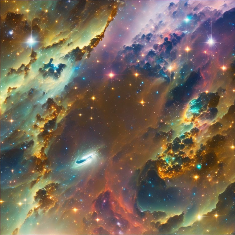 Colorful Cosmic Clouds with Stars and Spiral Galaxy