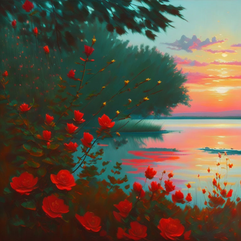 Scenic sunset over calm lake with pink and orange hues, framed by dark foliage and red flowers.